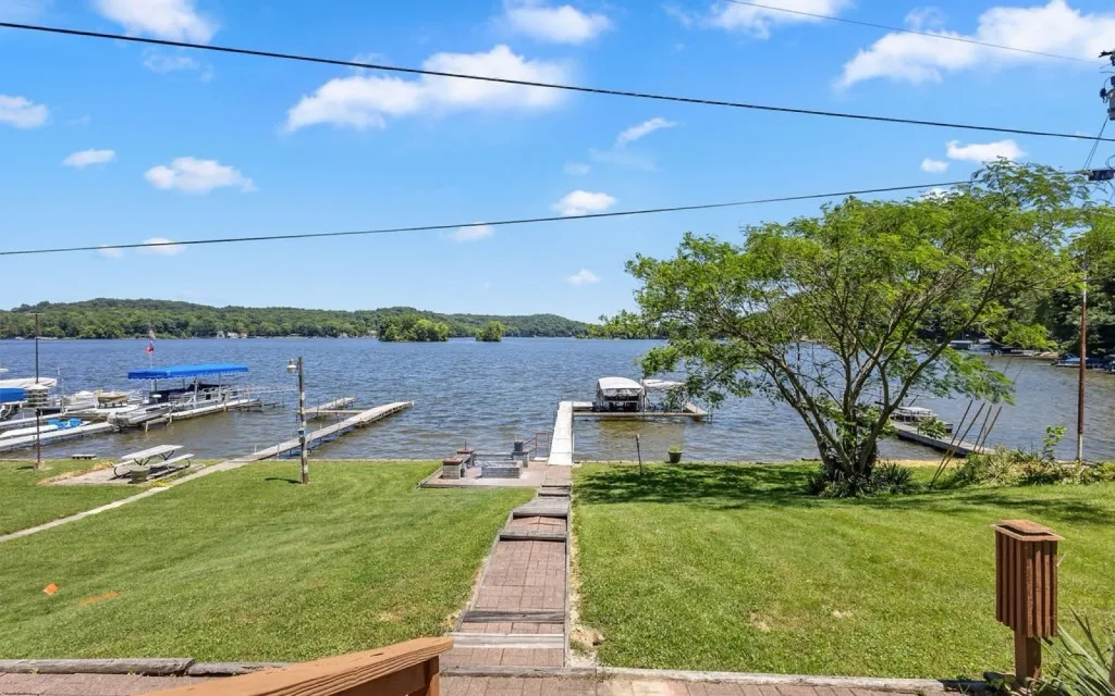 View from the deck at 7667 N John Young Rd across the lawn and docks to Lake Lemon